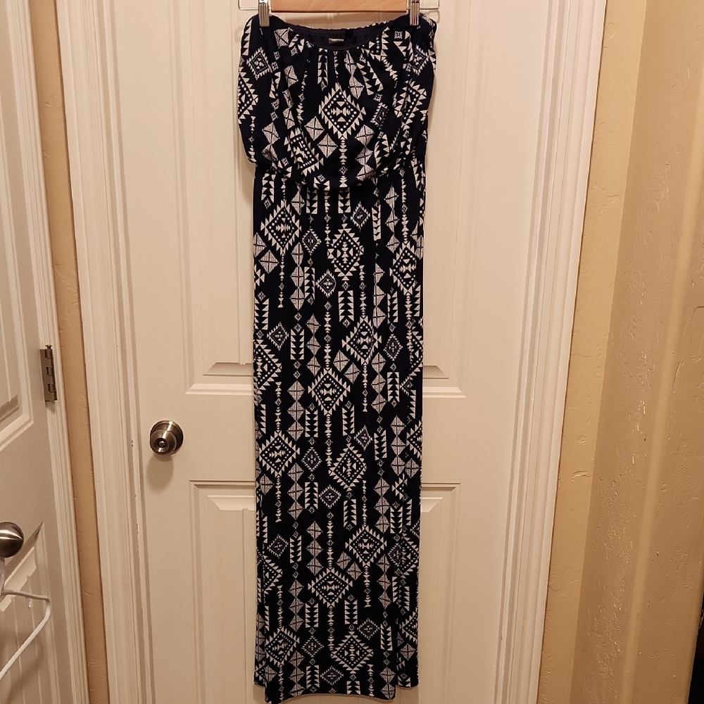 Navy and White Geometric Print Strapless Dress